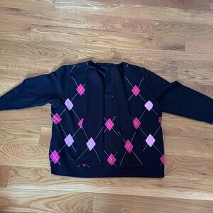 Black Argyle Women's Sweater with Pink Accents